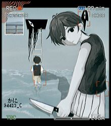  2boys 4423_c antenna_hair artist_name black_eyes black_hair black_sweater_vest black_tank_top brown_shorts closed_mouth collared_shirt colored_skin commentary dual_persona expressionless highres holding holding_knife knife ladder looking_at_viewer male_focus multiple_boys omori shirt short_hair short_sleeves shorts something_(omori) striped_clothes striped_shorts sweater_vest tank_top vertical-striped_clothes vertical-striped_shorts water white_shirt white_shorts white_skin 