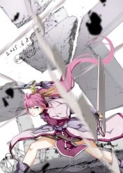  1girl aqua_eyes arm_guards artist_logo artist_name ban_(777purin) black_gloves blurry blurry_foreground closed_mouth commentary_request concrete cropped_jacket dated double-parted_bangs dress fighting_stance fingerless_gloves floating_hair gloves hair_between_eyes hair_ribbon high_ponytail highres holding holding_sheath holding_sword holding_weapon jacket laevatein_(nanoha) logo long_hair looking_at_viewer lyrical_nanoha mahou_shoujo_lyrical_nanoha mahou_shoujo_lyrical_nanoha_a's metal_belt motion_blur motion_lines open_clothes open_jacket overskirt pelvic_curtain pink_dress pink_trim ponytail puffy_short_sleeves puffy_sleeves ribbon sheath short_sleeves sidelocks signum slashing solo standing sword tassets tsurime upper_body v-shaped_eyebrows very_long_hair watermark weapon white_jacket white_overskirt yellow_ribbon 