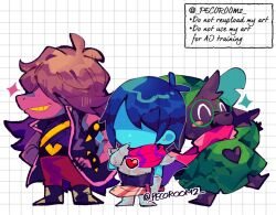  1boy 1girl 1other androgynous armlet armor artist_name black_bodysuit black_boots black_fur blue_hair blue_skin blush_stickers bodysuit boots bracelet breastplate cape chibi chibi_only closed_eyes colored_skin colored_teeth commentary_request deltarune finger_to_mouth full_body furry furry_female furry_male goat_boy green-framed_eyewear green_hat green_robe grid_background grid_teeth grin hair_over_eyes hand_in_pocket hat heart holding holding_sword holding_weapon jewelry kris_(dark_world)_(deltarune) kris_(deltarune) long_hair open_mouth parted_hair pink_cape pink_scarf pink_skin purple_hair purple_shirt ralsei ralsei_(hat) repikinoko reptile_girl robe round_eyewear scarf shaded_face shirt short_hair side_part smile snout soul_(character)_(deltarune) sparkle spiked_armlet spiked_bracelet spikes susie_(dark_world)_(deltarune) susie_(deltarune) sword twitter_username utdr_(toby_fox) weapon white_background wizard_hat yellow_teeth 