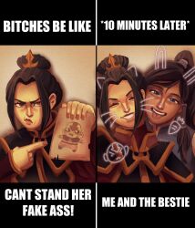  aang absurdres alternate_universe avatar:_the_last_airbender avatar_legends avatar_legends:_the_fighting_game azula caption closed_eyes commentary drawing_(object) english_commentary face_filter frown hair_ornament highres holding holding_drawing jeaya_doodles korra meme pointing pointing_at_object ponytail smile the_legend_of_korra 