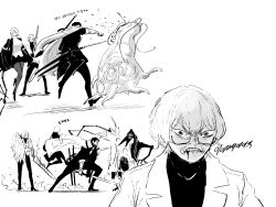  1girl 2boys absurdres angry biting_own_lip blood coat coat_on_shoulders dawn_office_(identity)_(project_moon) double-parted_bangs e.g.o_(project_moon) faust_(project_moon) fire flaming_sword flaming_weapon glass gregor_(project_moon) greyscale highres holding holding_sword holding_weapon jacket korean_text limbus_company monochrome multiple_boys peccatulum_irae peccatulum_morositatis project_moon punching semi-rimless_eyewear simple_background sinclair_(project_moon) single_wing sword the_g_(bhu204) under-rim_eyewear vest waxen_pinion_(e.g.o) weapon white_background wings 