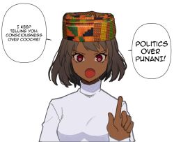  1girl ahoge alternate_hair_color alternate_skin_color antenna_hair arcueid_brunestud artist_name bob_cut brown_hair cropped_arms cropped_torso dark-skinned_female dark_skin english_text eyelashes hat index_finger_raised jewelry kyou_(iuciferic) leaning_forward looking_at_viewer necklace open_mouth pendant red_eyes short_hair signature simple_background solo sweater talking taqiyah tsukihime tsukihime_(remake) upper_body very_dark_skin wavy_hair white_background white_sweater 