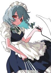  1girl absurdres apron back_bow between_fingers blue_dress bow braid closed_mouth collared_shirt colored_inner_hair commentary_request dong_gua_hater dress frilled_dress frills green_bow green_ribbon grey_hair hair_between_eyes hair_bow highres holding holding_knife holding_pocket_watch izayoi_sakuya knife knives_between_fingers long_hair looking_at_viewer maid maid_headdress multicolored_hair neck_ribbon pinafore_dress pocket_watch puffy_short_sleeves puffy_sleeves red_eyes ribbon shirt short_sleeves sleeveless sleeveless_dress solo touhou twin_braids waist_apron watch white_apron white_bow white_shirt 