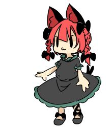  1girl :3 animal_ears black_dress black_ribbon black_shoes braid cat_ears cat_girl cat_tail closed_mouth commentary dress full_body highres kaenbyou_rin leg_ribbon long_hair multiple_tails red_hair ribbon shoes short_sleeves side_braids simple_background solo standing tail touhou twin_braids two_tails untranslatable_commentary white_background xingyueo 