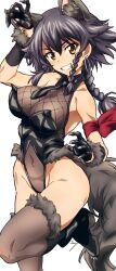  1girl alternate_costume animal_ears black_socks braid breasts brown_eyes claw_pose commentary_request covered_navel erakin girls_und_panzer happy_birthday highleg highres kneehighs large_breasts open_mouth pepperoni_(girls_und_panzer) playboy_bunny short_hair simple_background smile socks solo tail white_background wolf_ears wolf_girl wolf_tail 
