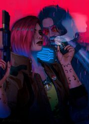  1boy 1girl black_hair brown_jacket cigarette cyberpunk_(series) cyberpunk_2077 gun highres holding holding_gun holding_weapon jacket johnny_silverhand kirrosav open_clothes open_jacket pink_hair red-tinted_eyewear smoking sunglasses tinted_eyewear upper_body v_(cyberpunk) valerie_(cyberpunk) weapon 