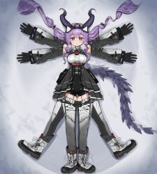  1girl :o absurdres afterimage arknights arknights:_endfield black_gloves black_horns black_overskirt black_shorts boots breasts commentary_request curved_horns demon_girl demon_horns detached_sleeves fine_art_parody framed_breasts full_body gloves headgear headlamp high-waist_shorts highres horns landl looking_at_viewer low_twintails lying medium_breasts mole mole_on_thigh multicolored_thighhighs on_back overskirt parody purple_hair shorts sidelocks snow solo straight-on thigh-highs twintails two-tone_thighhighs typhoeus_(arknights) typhon_(arknights) violet_eyes vitruvian_man 