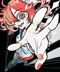  :d black_background drill_hair eyes_covered grey_pants grey_shirt hand_focus kasane_teto red_eyebrows red_eyes red_hair red_nail_polish skirt smile 