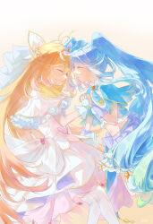  2girls absurdres antenna_hair blonde_hair blue_bow blue_bowtie blue_hair blue_hat blue_ribbon blue_skirt blue_tube_top boater_hat bow bow_earrings bowtie bridal_gauntlets brooch butterfly_hat_ornament capelet closed_eyes comet commentary_request cure_arcana cure_eclair diamond-shaped_earrings dress earrings gradient_hair green_hair hair_intakes hat hat_ornament hat_ribbon heart heart_brooch highres howa_kurea jewelry long_hair magical_girl meitantei_precure! moria_luluka multicolored_hair multiple_girls navel open_mouth overskirt precure purple_bridal_gauntlets realpigeon_20 ribbon sidelocks single_thighhigh skirt smile strapless thigh-highs tube_top two-tone_hair very_long_hair white_capelet white_dress white_thighhighs wrist_cuffs 