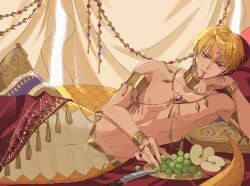  1boy apple armlet blonde_hair choker cushion earrings fate/grand_order fate_(series) food forked_tongue fruit gilgamesh_(fate) grapes head_chain highres jewelry knife lamia_boy looking_at_viewer lying male_focus monster_boy monsterification necklace on_side plate red_eyes scales short_hair smile snake_boy solo tongue tongue_out yellow_scales yidajiyidajiz 