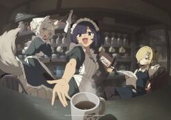  3girls animal_ear_hairband animal_ears apron astrae_oratio black_dress blonde_hair blue_eyes cafe cat_ear_hairband cat_ears coffee coffee_mug cup dress fake_animal_ears fluffy_tail grey_hair hair_over_one_eye hairband highres holding holding_newspaper indoors katana lea_wurtz logo long_hair looking_at_viewer medium_hair mug multiple_girls natsume_souka neck_tattoo newspaper official_art open_mouth sakuba_yuki second-party_source sword tail tattoo unlit_cigarette_in_mouth watch weapon white_apron wolf_ears wolf_girl wolf_tail yellow_eyes 