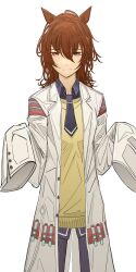  1girl agnes_tachyon_(tach-nology)_(umamusume) agnes_tachyon_(umamusume) animal_ears black_necktie black_pantyhose black_shirt brown_hair closed_mouth coat collared_shirt commentary_request cowboy_shot hair_between_eyes highres horse_ears horse_girl lab_coat long_bangs looking_at_viewer medium_hair necktie open_clothes open_coat pantyhose pappi red_eyes shirt short_necktie simple_background sleeves_past_fingers sleeves_past_wrists smile solo sweater test_tube_holster umamusume white_background white_coat yellow_sweater 