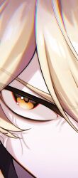  1boy aether_(genshin_impact) angry artist_name black_shirt blonde_hair chromatic_aberration commentary_request covered_mouth eye_focus eyelashes eyes_visible_through_hair genshin_impact hair_between_eyes looking_at_viewer male_focus orange_eyes sato_nji scarf shirt social_media_composition solo sparkle v-shaped_eyebrows veins watermark white_scarf 
