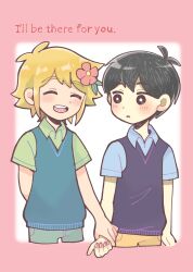  2boys alternate_color antenna_hair basil_(faraway)_(omori) basil_(omori) black_eyes black_hair black_sweater_vest blonde_hair blush bright_pupils brown_shorts closed_eyes collared_shirt commentary_request english_text green_shirt green_sweater_vest highres holding_another's_wrist looking_at_another male_focus multiple_boys omori open_mouth parted_lips shirotsume_143 shirt shorts smile sunny_(omori) sweater_vest teeth upper_teeth_only white_pupils white_shirt 