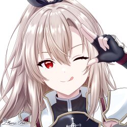  1girl :q ;q absurdres arm_up armor artist_name black_jacket black_ribbon breastplate brown_hair brown_trim closed_mouth collared_jacket commentary_request english_commentary eydis_(sao) hair_between_eyes hair_ribbon high_collar highres jacket long_hair looking_at_viewer messy_hair mixed-language_commentary one_eye_closed parted_bangs pauldrons phanuchan ponytail portrait red_eyes ribbon salute shoulder_armor signature simple_background sleeveless sleeveless_jacket smile solo split_mouth straight-on sword_art_online tongue tongue_out two-finger_salute watermark white_armor white_background white_trim 