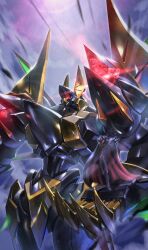  1boy absurdres black_cape black_gloves cape claws code_geass commentary covered_face directed-energy_weapon energy_cannon english_commentary full_body gawain_(code_geass) gloves glowing glowing_eyes helmet highres long_sleeves mecha mecha_focus open_hand open_hands outstretched_arm porukima red_eyes robot shoulder_cannon solo standing upper_body zero_(code_geass) 