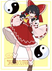  1girl absurdres ascot black_hair bow brown_shoes commentary_request detached_sleeves full_body hair_bow hair_tubes hakurei_reimu highres long_hair long_sleeves looking_at_viewer op_na_yarou orb red_bow red_eyes red_shirt red_skirt ribbon-trimmed_sleeves ribbon_trim shirt shoes skirt sleeveless sleeveless_shirt socks solo standing touhou watermark white_sleeves white_socks wide_sleeves yellow_ascot yin_yang yin_yang_orb 