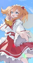  1girl absurdres ascot blonde_hair blue_eyes blue_sky bow commentary_request day fairy fairy_wings frilled_skirt frills hair_between_eyes hair_bow headdress highres long_sleeves looking_at_viewer medium_hair open_mouth red_bow red_skirt shirt skirt sky smile solo sunny_milk suzukiairi0001 touhou white_shirt wide_sleeves wings yellow_ascot 
