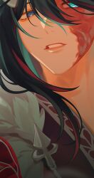  1boy aqua_eyes black_eyes black_hair blue_eyes burn_scar chinese_clothes dragon_horns e.g.o_(project_moon) eastern_dragon_horns fur_trim hair_between_eyes hanfu heterochromia highres hong_lu_(project_moon) horns limbus_company long_bangs long_hair looking_at_viewer male_focus nabbuna out_of_frame parted_lips project_moon red_hanfu scar scar_on_face single_horn smile solo tears_of_the_tarnished_blood_(e.g.o) two-tone_hanfu two-tone_robe 