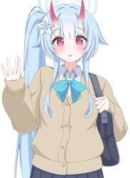  1girl alternate_costume bag black_bag black_skirt blue_archive blue_bow blue_bowtie blue_hair blue_halo blunt_bangs blush bow bowtie brown_cardigan cardigan center-flap_bangs chise_(blue_archive) collared_shirt commentary_request cowboy_shot dress_shirt flower hair_flower hair_ornament halo hands_up highres horns long_hair oni open_mouth outstretched_hand pleated_skirt red_eyes red_horns red_pupils school_uniform shirt shoulder_bag side_ponytail sidelocks simple_background skin-covered_horns skirt sleeves_past_wrists smile solo tareme very_long_hair waving white_background white_flower white_shirt yamichi_(yamichi8369) 