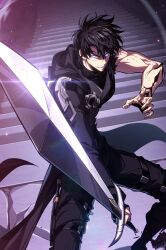  1boy asymmetrical_bangs black_cloak black_hair black_pants carry_me cloak commentary_request curtained_hair full_body han_isratte highres holding holding_sword holding_weapon korean_commentary long_sword pants pick_me_up! scratches short_hair smile solo stairs studio_3b2s sword toned toned_male torn_clothes violet_eyes weapon 