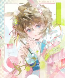  1girl absurdres animal_ear_fluff animal_ears animal_on_shoulder blue_eyes blue_kimono brown_hair character_name chinese_commentary commentary_request crossed_bangs haibara_ai hair_between_eyes hair_ornament hand_up highres holding holding_paintbrush japanese_clothes jishikou kemonomimi_mode kimono looking_at_viewer meitantei_conan open_mouth paintbrush rabbit rabbit_ears rabbit_girl rabbit_on_shoulder red_ribbon ribbon short_hair solo upper_body white_rabbit_(animal) 