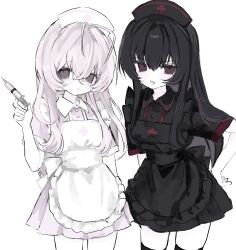  2girls alternate_costume antenna_hair apron arm_behind_back back_bow black_apron black_bow black_hair black_hat black_shirt black_thighhighs bow collared_shirt colored_skin commentary cowboy_shot cross cross_print dot_nose double-parted_bangs english_commentary fang hair_between_eyes hand_on_own_hip hat highres holding holding_syringe kimi_to_kanojo_to_kanojo_no_koi. kitty_17a large_bow long_hair looking_at_viewer mukou_aoi_(totono) multiple_girls nurse nurse_cap open_mouth pink_hair pink_shirt raised_inner_eyebrows red_cross shirt short_sleeves simple_background skin_fang sone_miyuki sweatdrop syringe thigh-highs v-shaped_eyebrows violet_eyes white_apron white_background white_bow white_hat white_skin zettai_ryouiki 