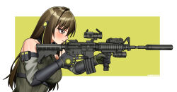  assault_rifle breasts brown_eyes brown_hair ducky_(sgtducky96) from_side gun highres holding holding_gun holding_weapon m4_carbine m4a1_(girls'_frontline) rifle scope simple_background suppressor tank_top weapon 