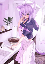  1girl absurdres animal_ear_fluff animal_ears blush cat_ears cat_girl cat_tail chocolate chocolate_making chocolate_on_face closed_mouth commentary_request cowboy_shot cropped_hoodie crossed_bangs food food_on_face hair_between_eyes highres hololive hood hood_down hoodie indoors inugami_korone looking_at_viewer medium_hair mixing_bowl nekomata_okayu nekomata_okayu_(1st_costume) pants photo_(object) picture_frame purple_hair purple_hoodie reitou_mkn smile solo tail tongue tongue_out violet_eyes virtual_youtuber whisk white_pants 