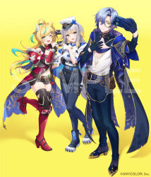  1boy 2girls :d ;d animal_ears ankle_boots aqua_gem aqua_hair aqua_streaks armor armored_boots bare_shoulders baton_(weapon) belt belt_pouch black_belt black_boots black_gloves black_pants black_pantyhose black_shoes black_shorts black_shrug black_thighhighs blonde_hair blue_belt blue_capelet blue_cloak blue_hair boobplate boots bow-shaped_hair breasts brown_belt capelet cellphone choppy_bangs cloak colored_inner_hair copyright_notice curtained_hair dog_ears dog_girl dog_tail flapper_shirt floppy_ears fold-over_socks four-finger_heart_hands full_body gauntlets gem gloves green_eyes grey_hair group_picture hair_between_eyes hair_ornament half_gloves hand_on_own_chest hat heart heart_hands heart_hands_duo high-waist_shorts holding holding_phone holster knee_boots knees_together_feet_apart legs_apart long_hair long_shirt long_sleeves male_focus mandarin_collar medium_breasts medium_hair micro_shorts midriff mikami_nacaba milan_kestrel milan_kestrel_(1st_costume) mitarashi-dan mole mole_under_eye mole_under_mouth monocle multicolored_hair multiple_belts multiple_girls multiple_moles neck_tassel nijisanji official_art one_eye_closed pants pantyhose pantyhose_under_shorts parted_lips pauldrons paw_shoes phone plunging_neckline police police_hat police_uniform policewoman pouch purple_cloak quilted_capelet red_armor red_boots red_shirt sample_watermark selfie shadow shioriha_ruri shioriha_ruri_(1st_costume) shirt shoes short_shorts shorts shoulder_armor shrug_(clothing) side_ponytail simple_background single_pauldron smartphone smile standing standing_on_one_leg streaked_hair tachitsute_toto tachitsute_toto_(1st_costume) tail tassel test_tube_holster thigh-highs thigh_holster two-sided_capelet two-sided_cloak two-sided_fabric v v_over_eye very_long_hair virtual_youtuber watermark weapon white_capelet white_gloves white_shirt wing_hair_ornament yellow_background yellow_eyes 