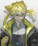  1boy :p absurdres animal_ears black_jacket blonde_hair closed_mouth collared_shirt commentary english_commentary fingerless_gloves gloves gradient_hair grey_shirt hair_between_eyes hand_up highres jacket keita_kg85 lion_boy lion_ears lion_tail load_bearing_vest looking_at_viewer male_focus mole mole_on_neck multicolored_hair nijisanji nijisanji_en open_clothes open_jacket paw_pose shadow shirt short_hair solo sonny_brisko tail tongue tongue_out upper_body vest violet_eyes virtual_youtuber yellow_gloves zipper 