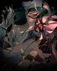  2girls alien_stage bandana black_hair broken_mirror dress elbow_gloves gloves hair_between_eyes highres long_hair looking_at_viewer mirror mizi_(alien_stage) mizi_(zombie_stage) multiple_girls off-shoulder_dress off_shoulder pink_hair sawatou_hajime_(maki_naruse) smile sua_(alien_stage) sua_(zombie_stage) tears thick_eyebrows twintails violet_eyes white_bandana white_dress white_gloves zombie_stage 