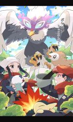  1boy 1girl :o akari_(pokemon) bird black_border black_eyes black_hair black_sash blue_eyes blue_fur border brown_feathers chikafuji commentary_request cyndaquil feathers fire galaxy_team_survey_corps_uniform grey_eyes grey_feathers hat headscarf highres hisuian_braviary long_hair looking_at_another open_mouth oshawott outdoors owl pokemon pokemon_(creature) pokemon_legends:_arceus ponytail red_hat red_scarf rei_(pokemon) rowlet sash scarf short_hair sidelocks sitting surprised talons upper_body white_feathers white_fur white_headscarf yellow_fur 