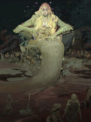  1girl blonde_hair blue_eyes bone closed_mouth colored_skin commentary dan.liimatta echidna_(mythology) english_commentary full_body giant giantess green_skin green_theme heart highres holding jewelry lamia light_smile long_hair looking_at_viewer monster_girl mud nail_polish necklace original outdoors people scales sitting skull soldier 
