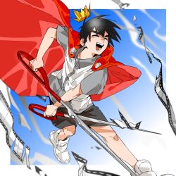  1boy black_hair black_shorts cape closed_eyes crack crown cutting false_memory film_strip gold_crown grey_shirt halo high_collar highres holding holding_scissors male_focus mini_crown protagonist_halo red_cape scissors shirt shoes short_sleeves shorts simple_background smile sneakers white_background white_shoes zhu_(zhuzhizhuzhizhu) 