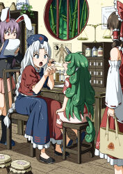  4girls animal_ears bag balance_scale black_jacket black_shoes black_socks blazer blue_dress blue_eyes blue_hat blue_shoes blue_slippers bookshelf bow braid brown_hair chair closed_eyes commentary_request constellation_print cross cross_print curly_hair detached_sleeves dress flashlight frilled_bow frilled_dress frilled_hair_tubes frilled_skirt frills green_hair grey_hair hair_bow hair_tubes hakurei_reimu hat highres holding holding_bag holding_flashlight horns indoors inuno_rakugaki jacket komainu_girl komano_aunn long_hair long_sleeves medicine multiple_girls nurse_cap on_chair on_stool open_mouth pink_skirt print_dress print_hat puffy_short_sleeves puffy_sleeves purple_hair rabbit_ears rabbit_girl red_bow red_cross red_dress red_eyes red_shirt red_skirt reisen_udongein_inaba ribbon-trimmed_sleeves ribbon_trim round_window shirt shoes short_sleeves shorts single_braid single_horn sitting skirt skirt_set slippers socks stool tail test_tube test_tube_rack touhou translation_request two-tone_dress very_long_hair weighing_scale white_shorts window writing yagokoro_eirin yin_yang 