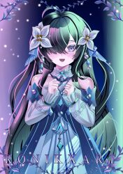  1girl artist_name bare_shoulders blue_dress blue_eyes blush commentary detached_sleeves dress eyes_visible_through_hair genshin_impact green_hair hair_ornament hair_over_one_eye hands_up highres long_hair long_sleeves looking_at_viewer open_mouth ronikx_art sleeveless sleeveless_dress solo upper_body very_long_hair vodyanitsa_(genshin_impact) white_sleeves 