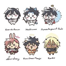  1girl 5boys animal_ears bai_zhong_(false_memory) black_hair blonde_hair blush can cape character_name chibikemo chiikawa chiikawa_(character) closed_mouth crosshair_halo crossover crown false_memory guan_chao_(false_memory) guan_chao_(teenager)_(false_memory) hachiware_(chiikawa) halo he_mingshuo high-visibility_clothing high-visibility_vest holding holding_can holding_stick jacket kuri_manjuu_(chiikawa) long_hair momonga_(chiikawa) multiple_boys open_mouth pink_hair pleated_skirt protagonist_halo rakko_(chiikawa) ran_deng_(false_memory) red_cape simple_background skirt smile stick tama_ne9i usagi_(chiikawa) white_background 
