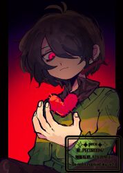  1other androgynous artist_name bags_under_eyes black_background brown_hair brown_pants brown_shirt collared_shirt commentary_request dark deltarune gradient_background green_sweater hair_over_one_eye heart kris_(deltarune) light_frown long_sleeves looking_at_object looking_down loose_hair_strand outside_border pants pillarboxed red_background red_eyes repikinoko shirt short_hair sidelocks signature sitting soul_(character)_(deltarune) striped_clothes striped_sweater sweater twitter_username two-tone_sweater upper_body utdr_(toby_fox) watermark 