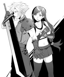  1boy 1girl absurdres armor bare_shoulders breasts buster_sword cloud_strife collarbone commentary_request crop_top earrings elbow_gloves feet_out_of_frame final_fantasy final_fantasy_vii final_fantasy_vii_remake fingerless_gloves from_side gloves greyscale highres holding holding_sword holding_weapon jewelry large_breasts long_hair looking_to_the_side low-tied_long_hair materia midriff miniskirt monochrome navel open_mouth pants pinyata_(pinyaland) profile protecting ribbed_sweater short_hair shoulder_armor skirt sleeveless sleeveless_sweater spiky_hair standing stud_earrings suspender_skirt suspenders sweatdrop sweater swept_bangs sword tank_top teardrop_earrings thigh-highs tifa_lockhart turtleneck turtleneck_sweater weapon white_tank_top zettai_ryouiki 