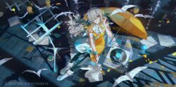  1girl absurdres ankle_boots aqua_bow armlet bare_shoulders bird black_pantyhose blonde_streaks boots bow dress flower from_above full_body grey_eyes grey_hair hair_flower hair_ornament hair_over_one_eye highres holding holding_pencil isekaijoucho jewelry kamitsubaki_studio long_hair looking_at_viewer multicolored_hair music_stand nyansky origami outdoors pantyhose parted_lips pencil phonograph pixiv_username puritan_collar sheet_music short_dress side_part sidelocks sleeveless sleeveless_dress solo streaked_hair tucking_hair umbrella urban white_boots wrist_bow yellow_dress yellow_flower yellow_umbrella 