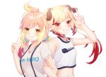  2girls animal_ear_fluff animal_ears animare bare_shoulders blonde_hair blush breasts character_name choker crop_top dog_ears grin highres hira_hikari jewelry locked_arms long_hair looking_at_viewer low_twintails medium_breasts multicolored_hair multiple_girls nanashi_inc. necklace o-ring o-ring_choker orange_eyes orange_nails pink_hair print_shirt puffy_short_sleeves puffy_sleeves red_eyes redhead rin_(0917608) seshima_rui shirt short_sleeves sleeveless sleeveless_shirt small_breasts smile suspenders transparent_background twintails two-tone_hair upper_body virtual_youtuber w white_choker white_shirt 