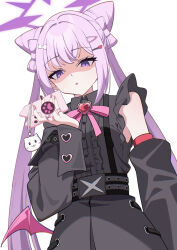  1girl absurdres black_shirt black_skirt blue_archive bow bow-shaped_hair brooch cellphone center_frills collared_shirt commentary cone_hair_bun cowboy_shot demon_girl demon_wings detached_sleeves double_bun eyelashes frilled_shirt frills from_below hair_between_eyes hair_bow hair_bun hair_ornament hairclip halo hand_up heart heart_brooch heart_hair_ornament highres holding holding_phone jewelry jirai_kei karen_(blue_archive) kuro1r1ng0 long_hair long_sleeves looking_at_viewer low_wings multicolored_nails nail_polish neck_ribbon parallel_hairclips parted_lips phone pink_nails pink_ribbon puffy_long_sleeves puffy_sleeves purple_hair purple_halo purple_nails ribbon shaded_face shirt sidelocks simple_background skirt sleeveless sleeveless_shirt smartphone solo straight_hair tsurime twintails very_long_hair violet_eyes white_background white_bow wings 