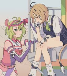  2girls addendium animal_ears ashton_marten_(vtuber) blonde_hair blue_overalls checkered_clothes cliff closed_eyes commentary detached_sleeves dooby english_commentary gloves green_eyes green_neckerchief hair_ornament hairclip hand_on_headwear hat highres indie_virtual_youtuber jerboa_tail leotard multicolored_hair multiple_girls neckerchief overalls shirt short_hair socks streaked_hair train virtual_youtuber white_gloves white_shirt 