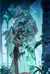  1boy belt blue_eyes brown_belt commentary crossbow earrings eiyuu_densetsu firo3404 flower grass green_hair hair_between_eyes hair_slicked_back high_collar highres holding holding_crossbow holding_weapon indoors jacket jewelry kevin_graham leather_belt long_sleeves male_focus marble_(stone) marble_sculpture multicolored_hair overskirt plant sculpture short_hair solo sora_no_kiseki spiky_hair standing statue teardrop_earrings too_many too_many_belts two-tone_hair untranslatable_commentary upper_body vines weapon white_flower white_jacket white_overskirt 