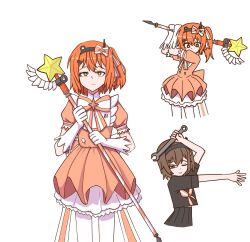  1girl a.i._voice absurdres adachi_rei black_hairband black_shirt black_skirt bow bowtie brown_hair dress dual_persona gloves hair_bow hair_ornament hair_ribbon hairband hairclip headlamp highres holding holding_staff holding_wrench ima_sugu_rinne_(vocaloid) imminent_attack kurokabe_b mage_staff magical_girl multiple_views neckerchief one_eye_closed orange_bow orange_bowtie orange_dress orange_eyes orange_hair orange_neckerchief orange_ribbon pantyhose petticoat pleated_skirt radio_antenna ribbon school_uniform shirt short_hair short_sleeves side_ponytail simple_background skirt staff star-shaped_pupils star_(symbol) symbol-shaped_pupils two-tone_bow two-tone_bowtie two-tone_neckerchief two-tone_ribbon utau white_background white_bow white_bowtie white_gloves white_neckerchief white_pantyhose white_ribbon wrench yellow_pupils 