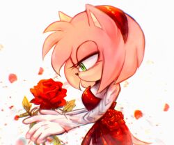  1girl absurdres amy_rose animal_ears animal_nose artist_name breasts dress eyelashes flower furry furry_female hairband hedgehog_girl highres medium_breasts pink_fur pink_hair red_hairband rose sonic_(series) 