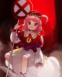  collared_shirt hat highres holding kaigen_1025 kappa kawashiro_mitori keyhole layered_sleeves lock long_sleeves looking_at_viewer no_stopping_sign red_eyes red_shirt redhead road_sign shirt short_hair sign skirt smile touhou white_skirt 