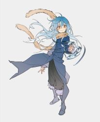  1other ahoge black_pants blue_coat blue_hair boots brown_scarf closed_mouth coat commentary fur-trimmed_boots fur-trimmed_coat fur_trim gradient_hair grey_boots highres long_hair long_sleeves looking_at_viewer multicolored_hair other_focus pants pants_tucked_in rimuru_tempest scarf simple_background smile solo standing tempestkuma tensei_shitara_slime_datta_ken white_background wind wind_lift yellow_eyes 