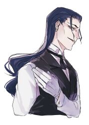  1boy alex_tiamat artist_name black_eyes black_ribbon black_vest blue_hair collared_shirt collared_vest d.gray-man dress_shirt earrings gloves hair_slicked_back hand_on_own_chest high_collar jewelry long_hair long_sleeves looking_at_viewer male_focus mature_male parted_lips profile ribbon sheril_kamelot shirt signature simple_background single_glove smirk solo stud_earrings upper_body vest wavy_hair white_background white_gloves white_shirt 